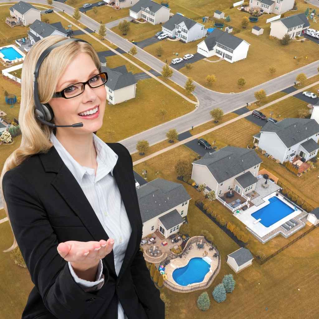 A BizBackerz virtual assistant with headset and properties in the background