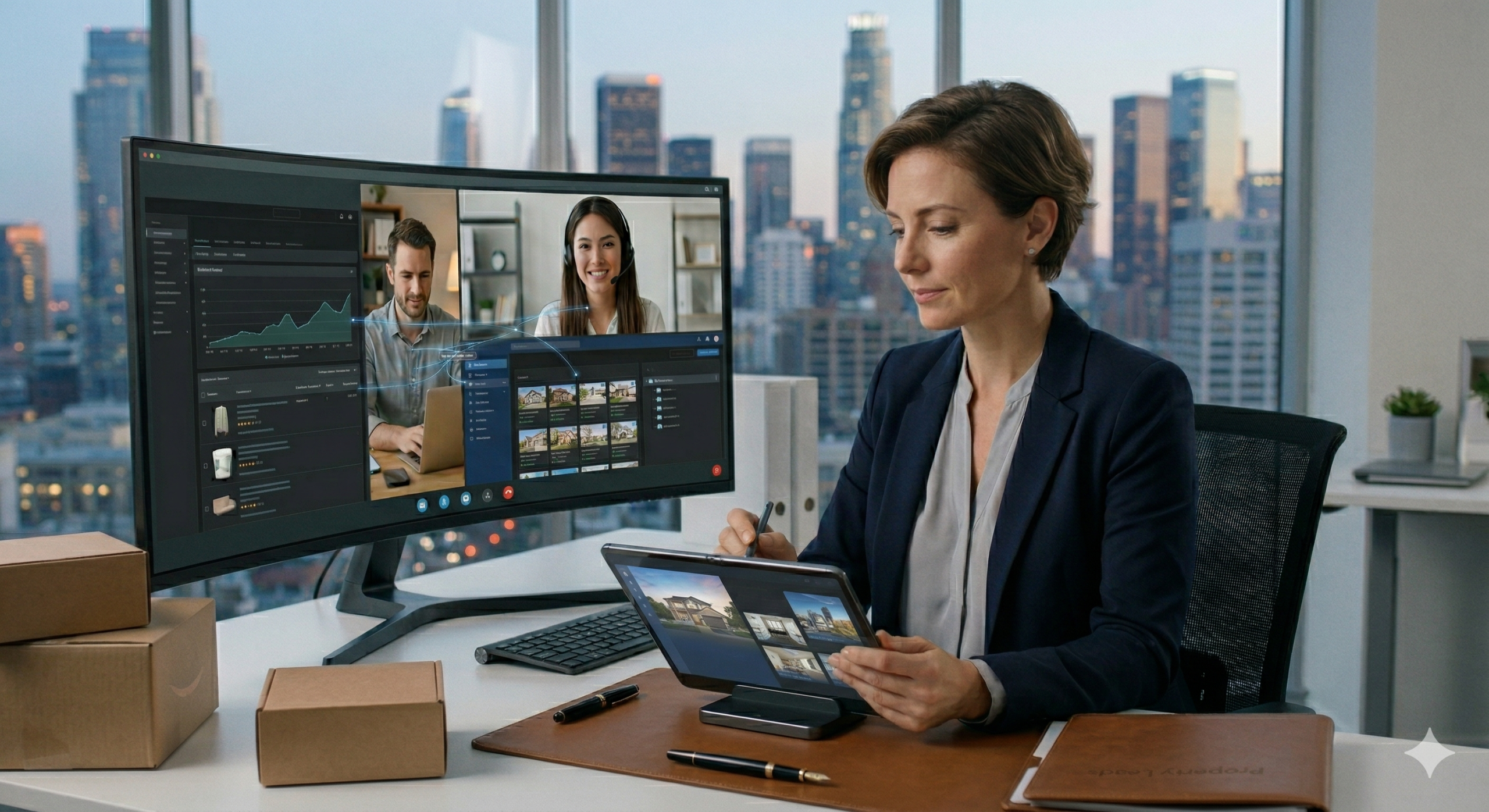 A photo of a professional businesswoman executive seated at her desk in a modern high-rise office, overlooking a detailed city skyline at dusk. She is wearing a navy blazer and smiling slightly as she interacts with a large tablet on a wooden stand using a stylus. To her left is a huge curved ultrawide monitor displaying multiple windows, including a video conference with two other colleagues, a performance dashboard, and e-commerce listings. On her desk are luxury pens, leather folios, and multiple stacked cardboard shipping boxes, hinting at e-commerce or logistics work. The lighting is low and warm, with light from the screens and city. The image highlights remote collaboration and high productivity.