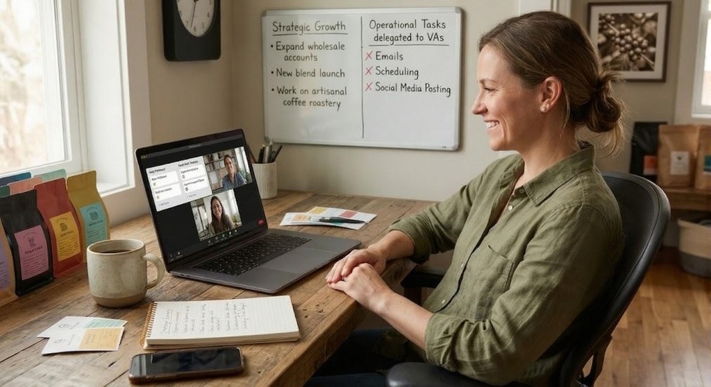 A realistic photo of a female small business owner sitting at a rustic wooden desk in a bright office. She is smiling while looking at a laptop screen displaying a video call with two remote assistants. In the background, a whiteboard shows a "Strategic Growth" plan and a list of administrative tasks marked as delegated. The setting is professional yet warm, symbolizing work-life balance and business scaling.