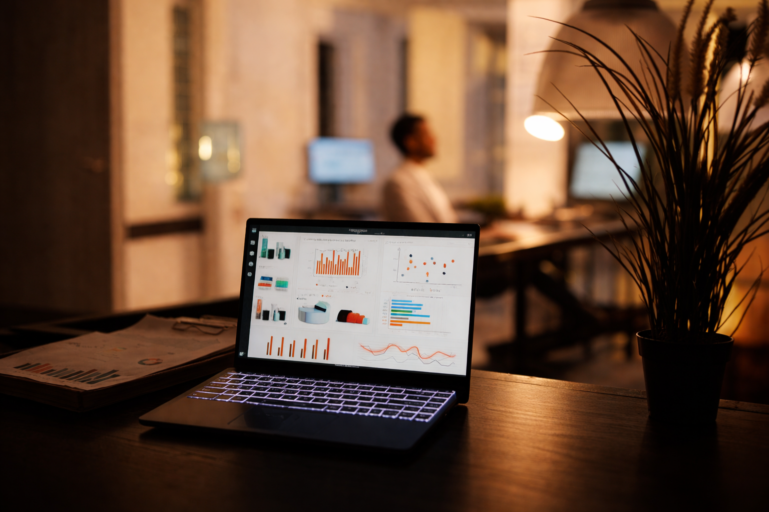 Laptop showing sales analytics dashboard on a desk in a warm-lit night workspace with blurred office background, representing consistent eCommerce business performance and growth.