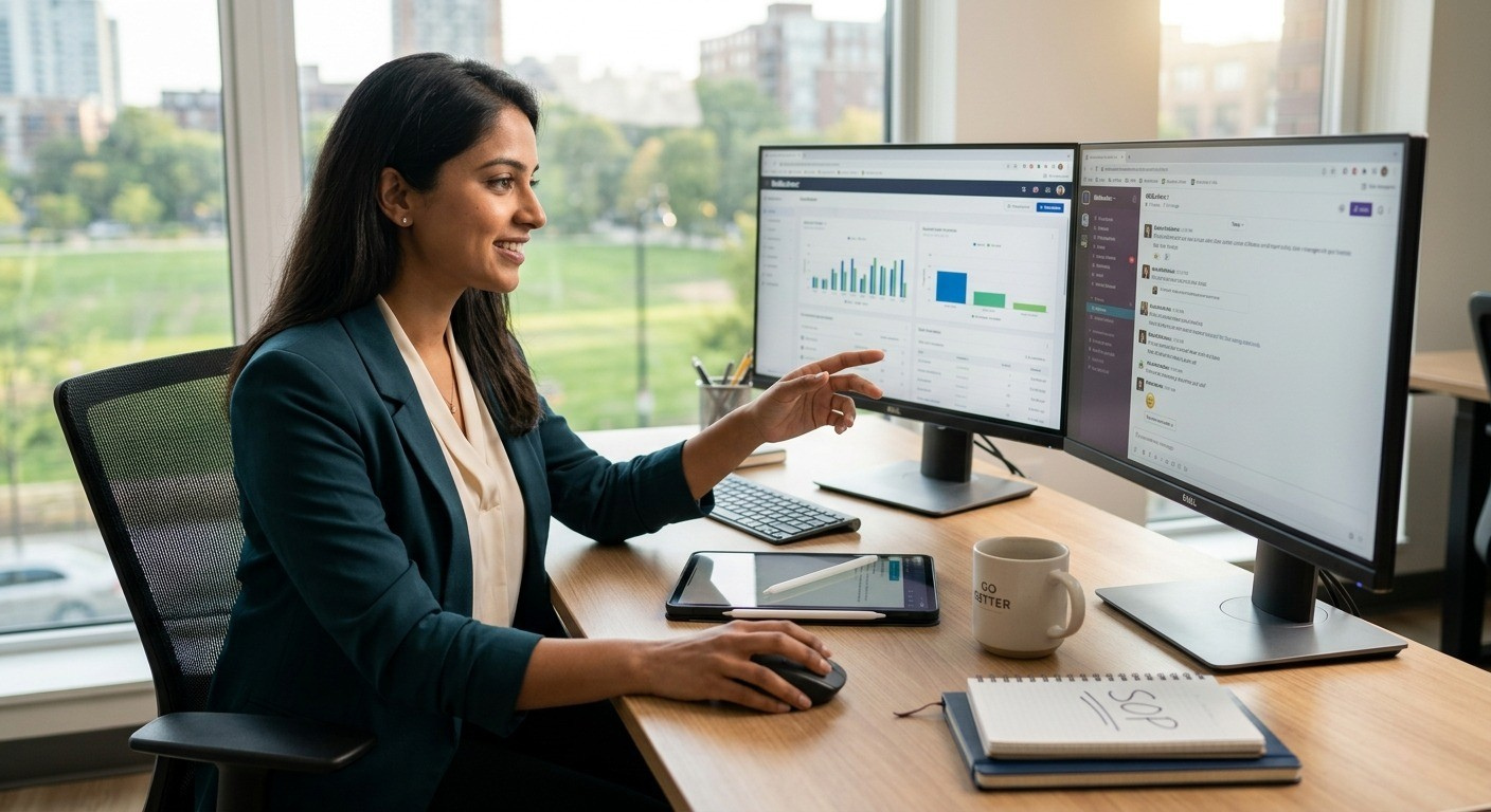 A professional female virtual assistant managing business analytics and CRM data on dual monitors in a modern office setting.